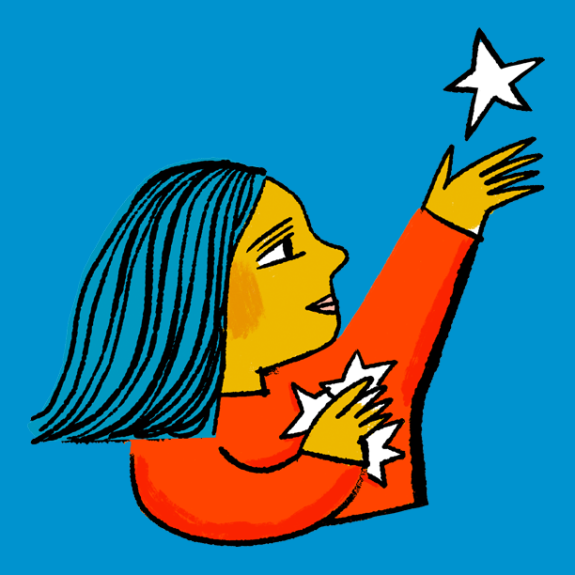 Illustration of a person placing stars into the sky