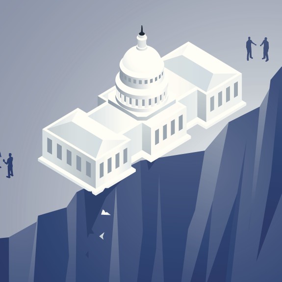 An illustration of the US Capitol building on the edge of a cliff